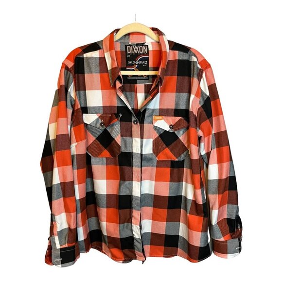 DIXXON Tops - Dixxon Shirt Women’s Size 2XL Ironhead Flannel Orange Black White Plaid